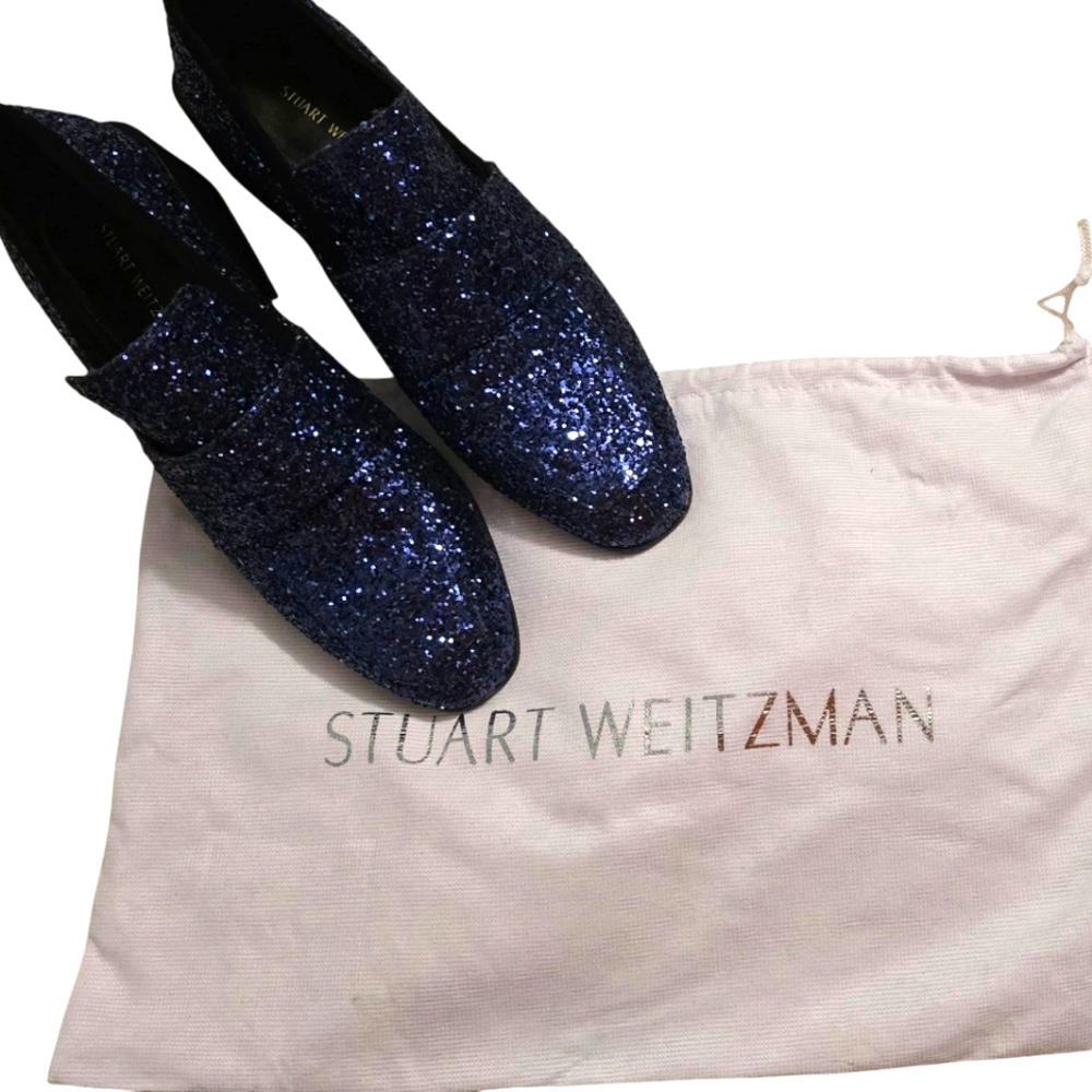 Stuart Weitzman Sawyer Shoes Women Size 5 1/2  Blue Night Sky Glitter Block Heel